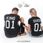photo de famille avec t shirt personnalisés. Un roi une reine et leur petit prince
