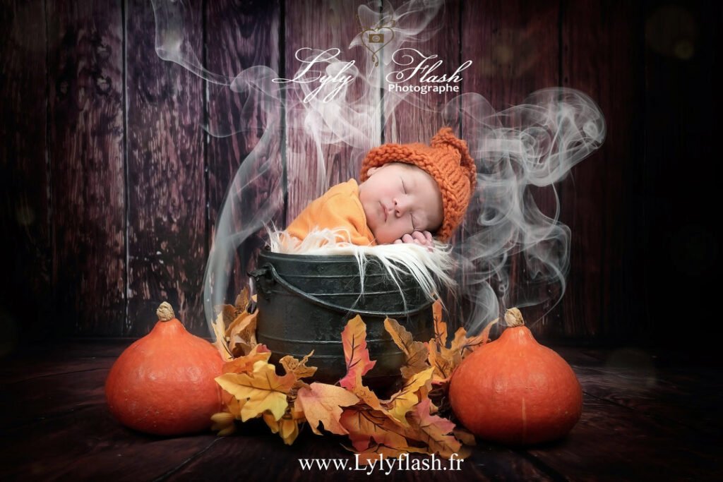 photo bébé dormant dan un chaudron magique pour halloween photographie commercial