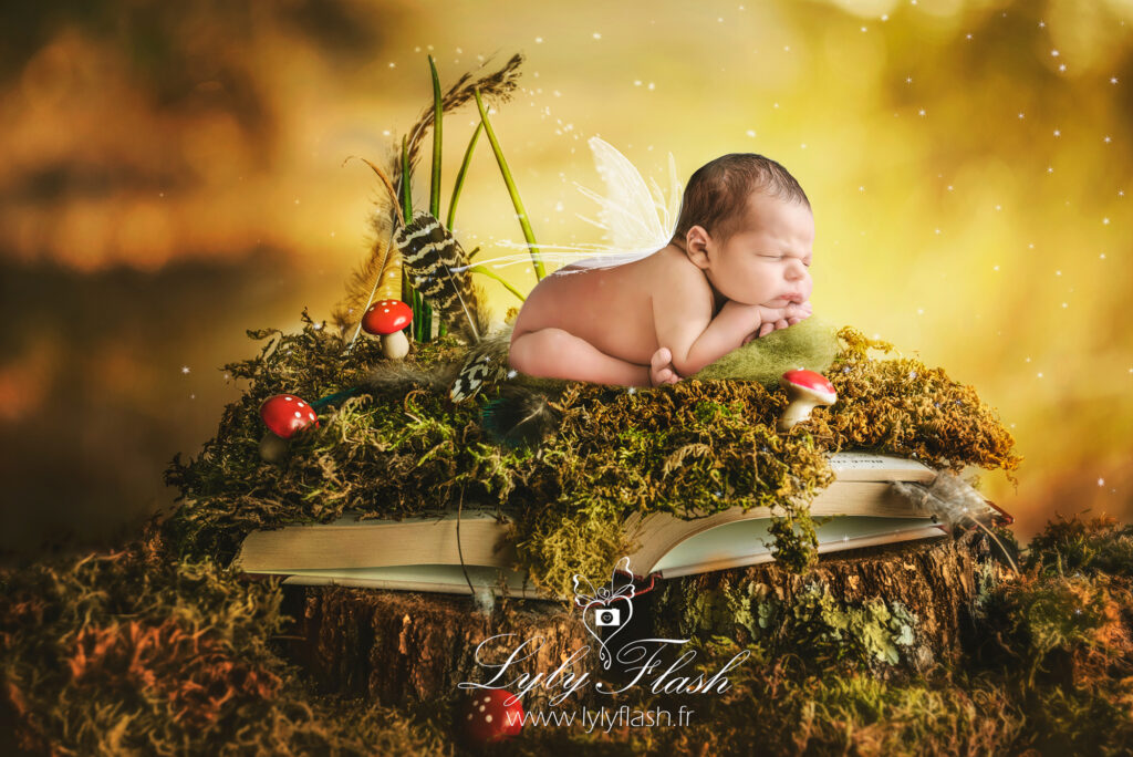 photo d'un bébé elfe sur un livre magique