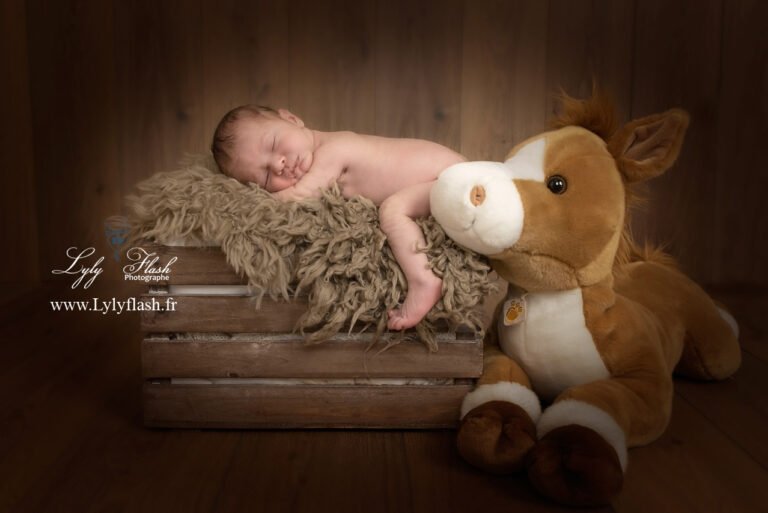 Un bébé avec son doudou cheval en shooting naissance sur Tarascon une lumière douce et enveloppante pour ce souvenir photographique