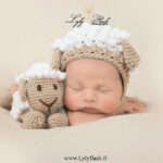 photo de naissance bébé a un bonnet mouton et dort avec sa peluche mouton. Une photographie mignonne