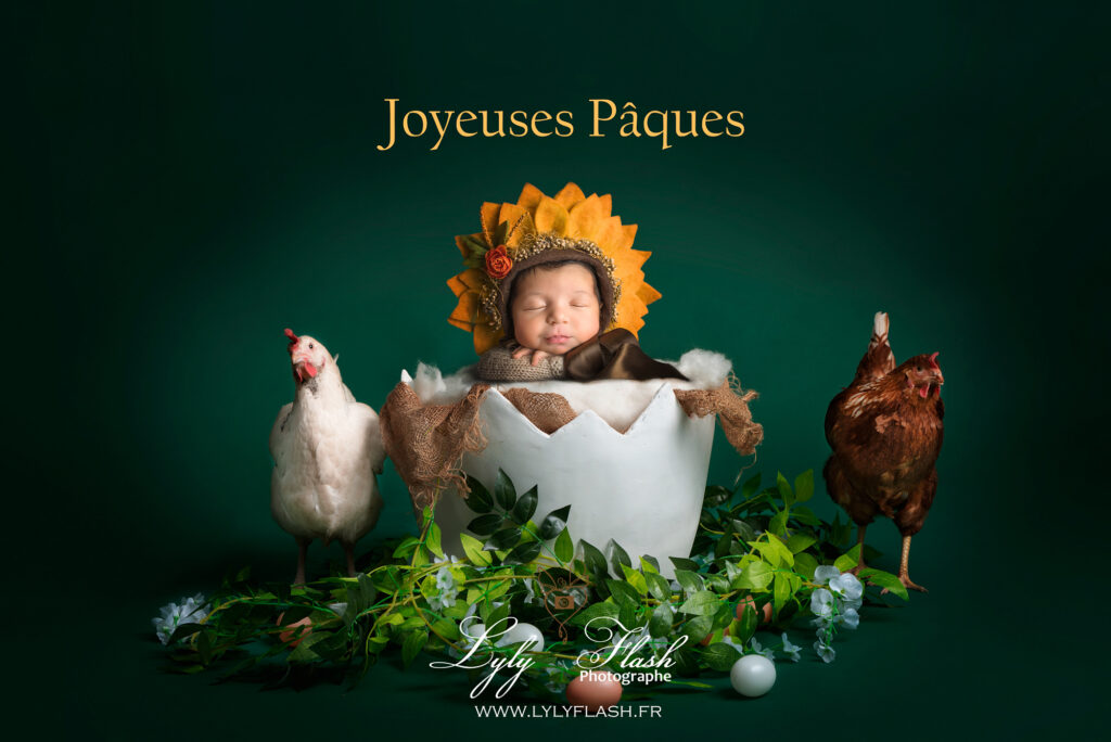 photo d un bébé de pâques qui dort avec ds poules