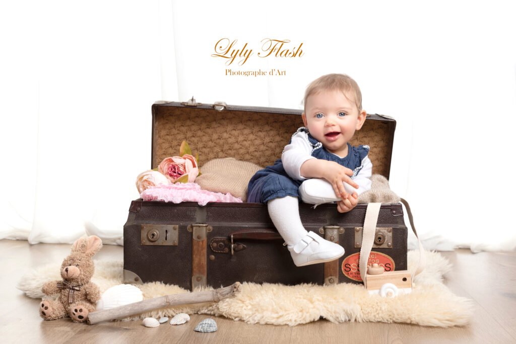 séance photo bébé studio dans une valise de voyage