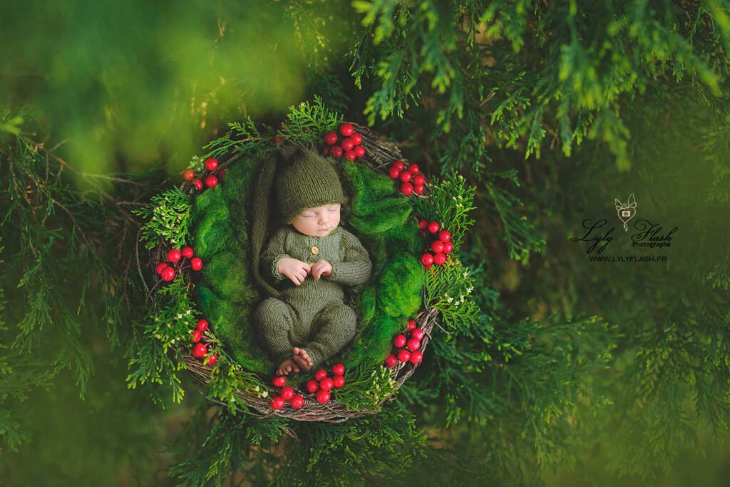 Un bébé dort dans un nid végétal, il porte un beau pyjama vert en laine de mérinos, le décor de pin végétal qui l'entour a était importé numériquement par la photographe de Brignoles dans le var
