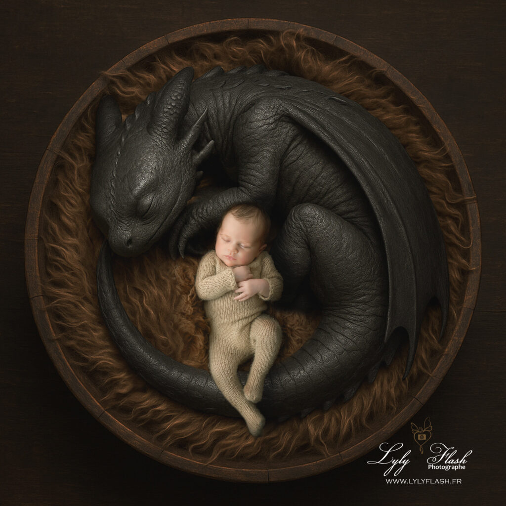 photo d un nouvau-né dans les bas d'un dragon comme krocmou sur les terres de Brignoles par la photorgaphe lyly flash
