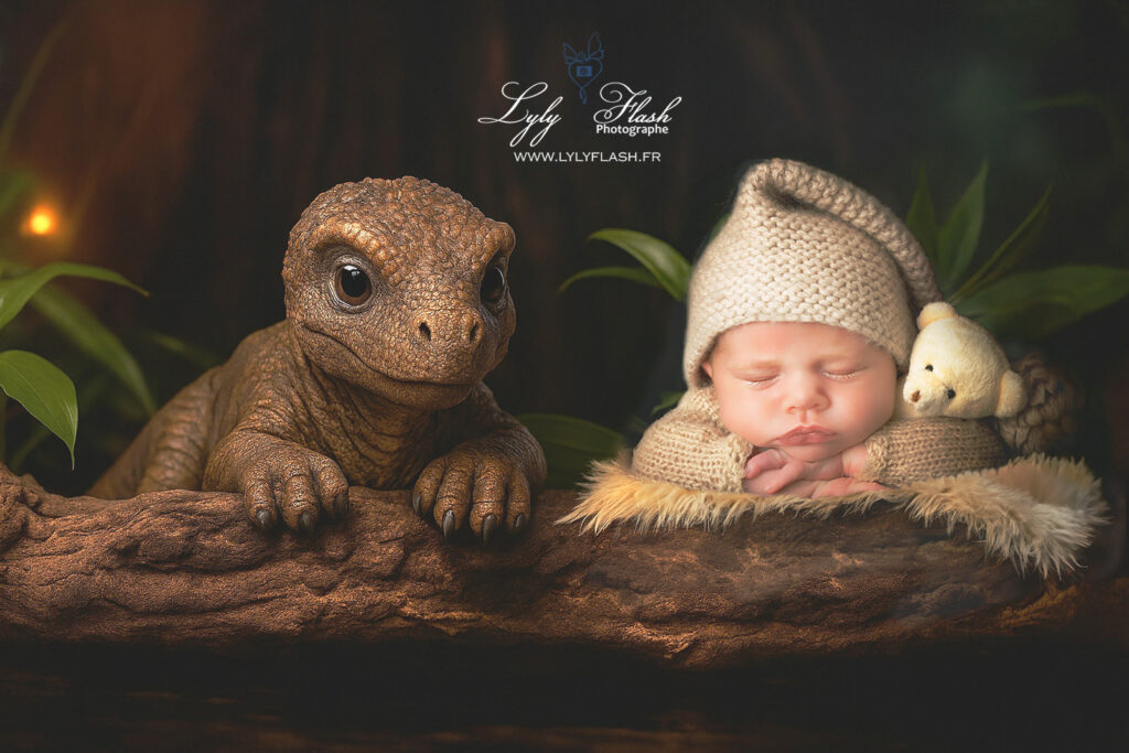photo bbé dans le jurassique parc pour une séance photo naissance sur le theme des dino