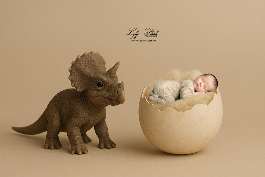 une séance photo naissance sur le theme du dino par la photographe pour bébé dans le var
