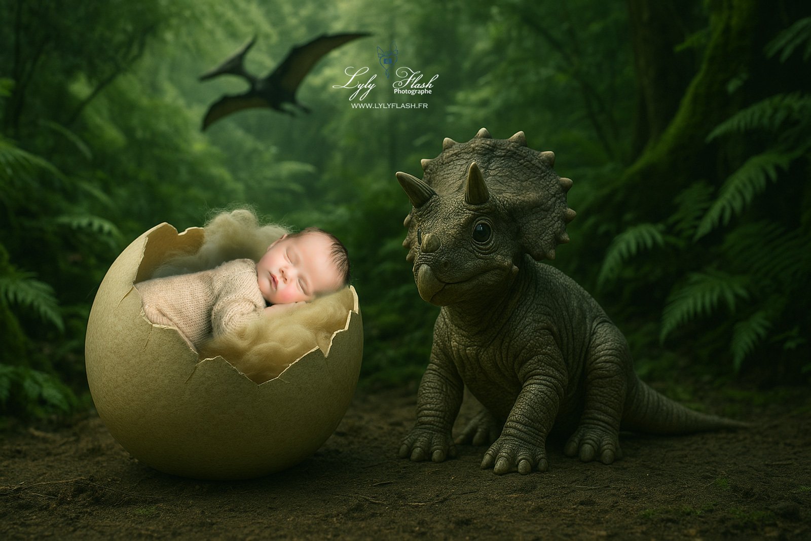 photo dino avec bébé a la naissance dans la jungle