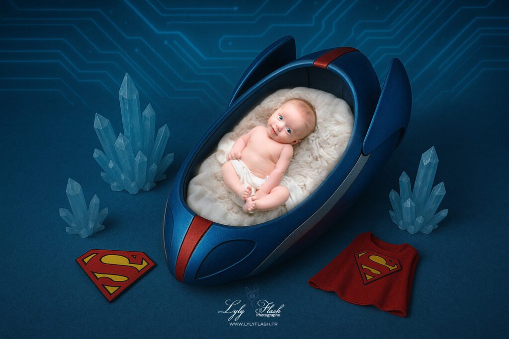 un bébé dans un objet bleu une soucoupe volante