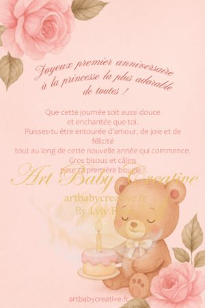 Carte d'anniversaire 1 an – Princesse adorée, ourson et fleurs roses