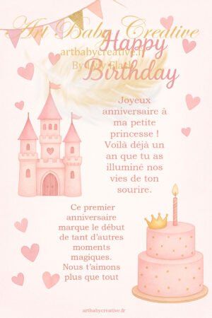 Carte d’anniversaire 1 an – Petite princesse, château rose & gâteau magique