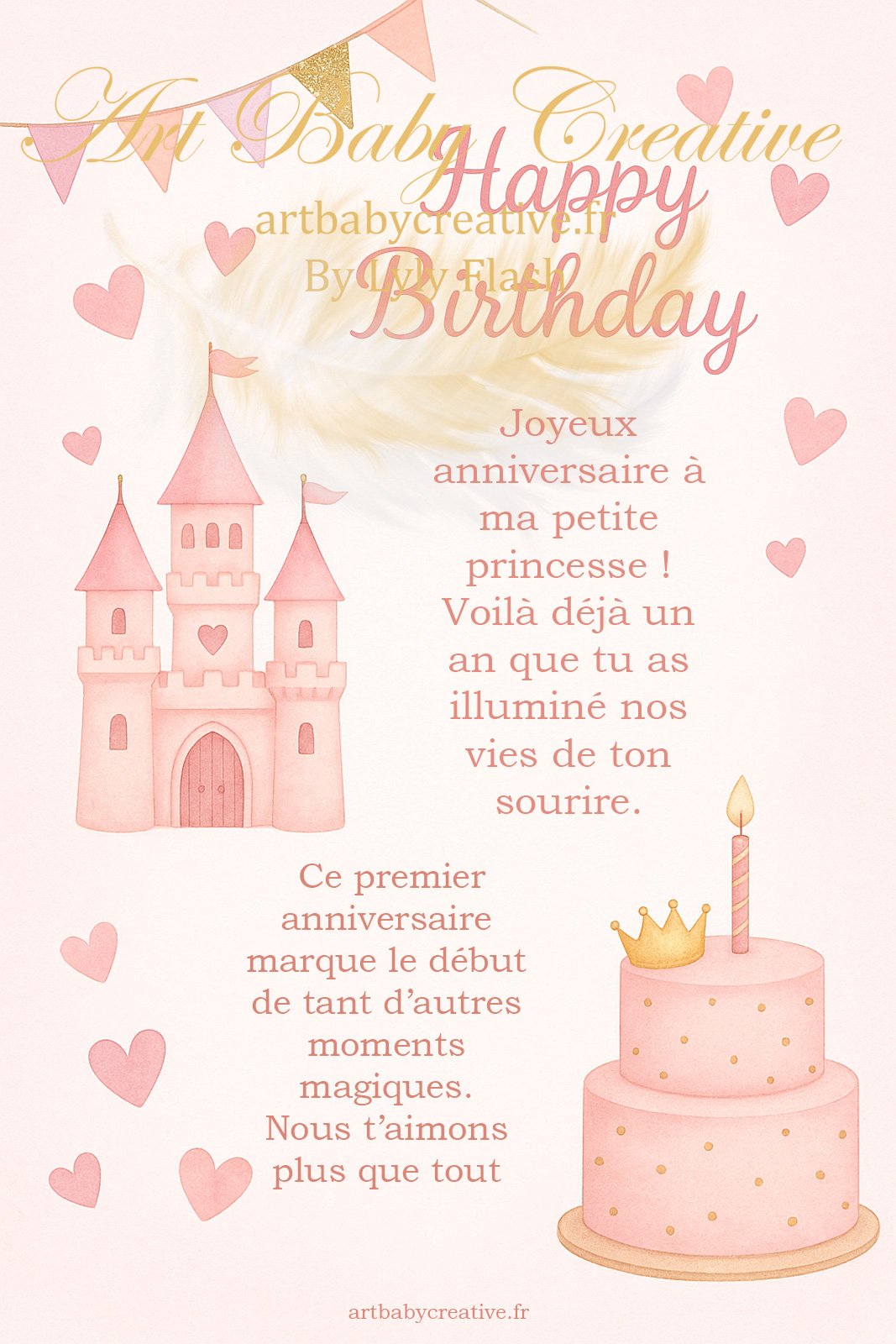 Carte d’anniversaire 1 an – Petite princesse, château rose & gâteau magique