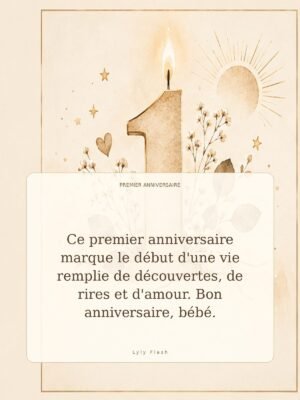 Ce premier anniversaire marque le début d'une vie remplie de découvertes, de rires et d'amour. Bon anniversaire, bébé.