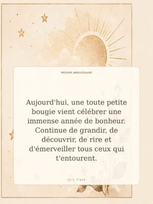 Aujourd'hui, une toute petite bougie vient célébrer une immense année de bonheur. Continue de grandir, de découvrir, de rire et d'émerveiller tous ceux qui t'entourent.
