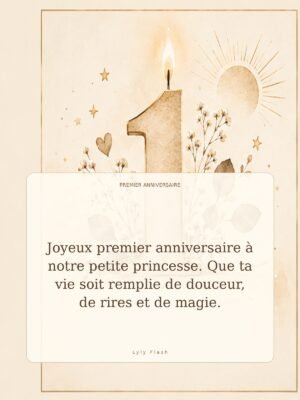 Joyeux premier anniversaire à notre petite princesse. Que ta vie soit remplie de douceur, de rires et de magie.