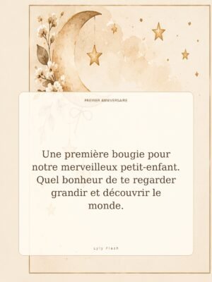 Une première bougie pour notre merveilleux petit-enfant. Quel bonheur de te regarder grandir et découvrir le monde.