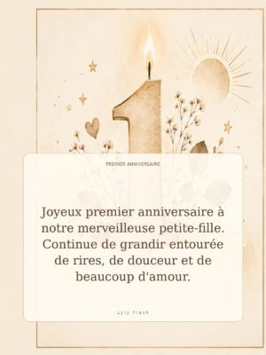 Joyeux premier anniversaire à notre merveilleuse petite-fille. Continue de grandir entourée de rires, de douceur et de beaucoup d'amour.