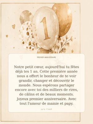 Notre petit cœur, aujourd'hui tu fêtes déjà tes 1 an. Cette première année nous a offert le bonheur de te voir grandir, changer et découvrir le monde. Nous espérons partager encore avec toi des milliers de rires, de câlins et de beaux moments. Joyeux premier anniversaire. Avec tout l'amour de mamie et papy.
