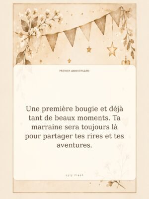 Une première bougie et déjà tant de beaux moments. Ta marraine sera toujours là pour partager tes rires et tes aventures.