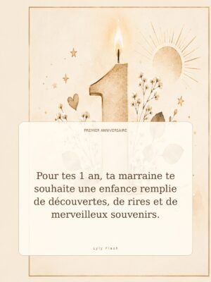 Pour tes 1 an, ta marraine te souhaite une enfance remplie de découvertes, de rires et de merveilleux souvenirs.