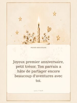 Joyeux premier anniversaire, petit trésor. Ton parrain a hâte de partager encore beaucoup d'aventures avec toi.