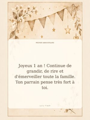 Joyeux 1 an ! Continue de grandir, de rire et d'émerveiller toute la famille. Ton parrain pense très fort à toi.