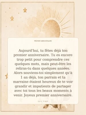 Aujourd'hui, tu fêtes déjà ton premier anniversaire. Tu es encore trop petit pour comprendre ces quelques mots, mais peut-être les reliras-tu dans quelques années. Alors souviens-toi simplement qu'à 1 an déjà, ton parrain et ta marraine étaient heureux de te voir grandir et impatients de partager avec toi tous les beaux moments à venir. Joyeux premier anniversaire.