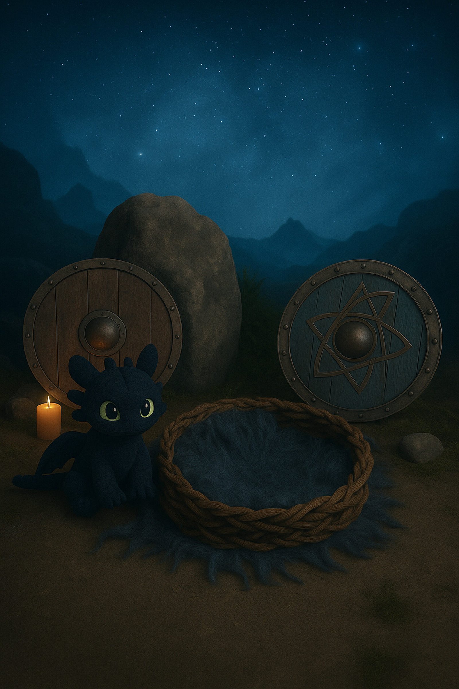 Fond numérique bébé Dragon viking – Panier vide sous ciel étoilé