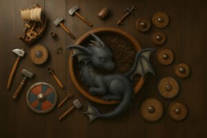 Fond numérique naissance Viking – Dragon endormi & accessoires bois