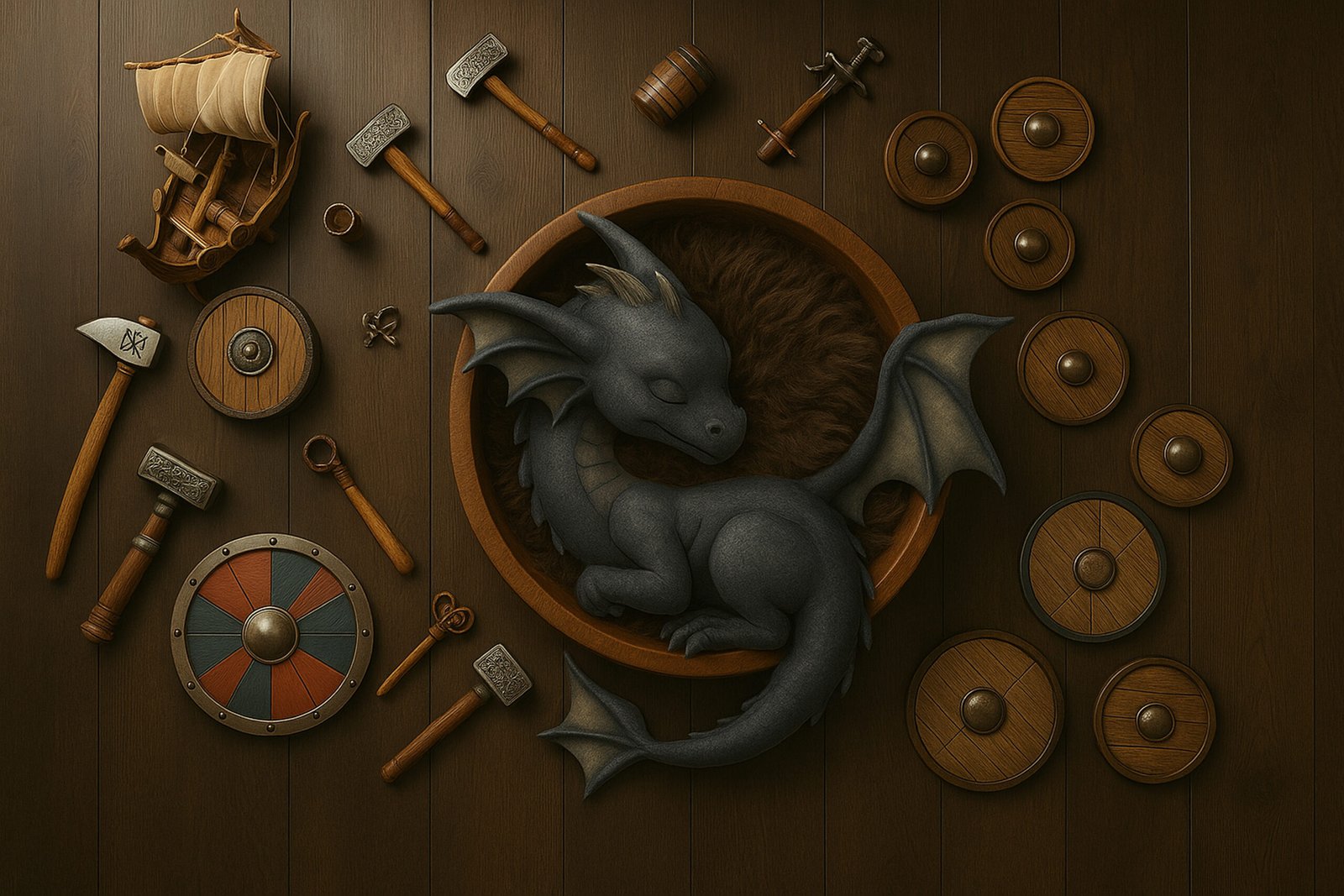 Fond numérique naissance Viking – Dragon endormi & accessoires bois