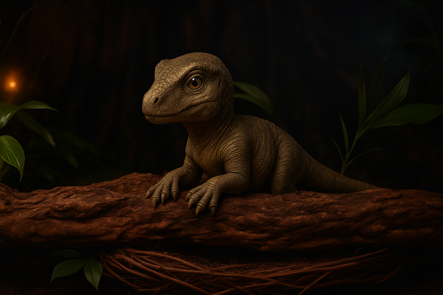 Fond numérique – Bébé dinosaure sur tronc