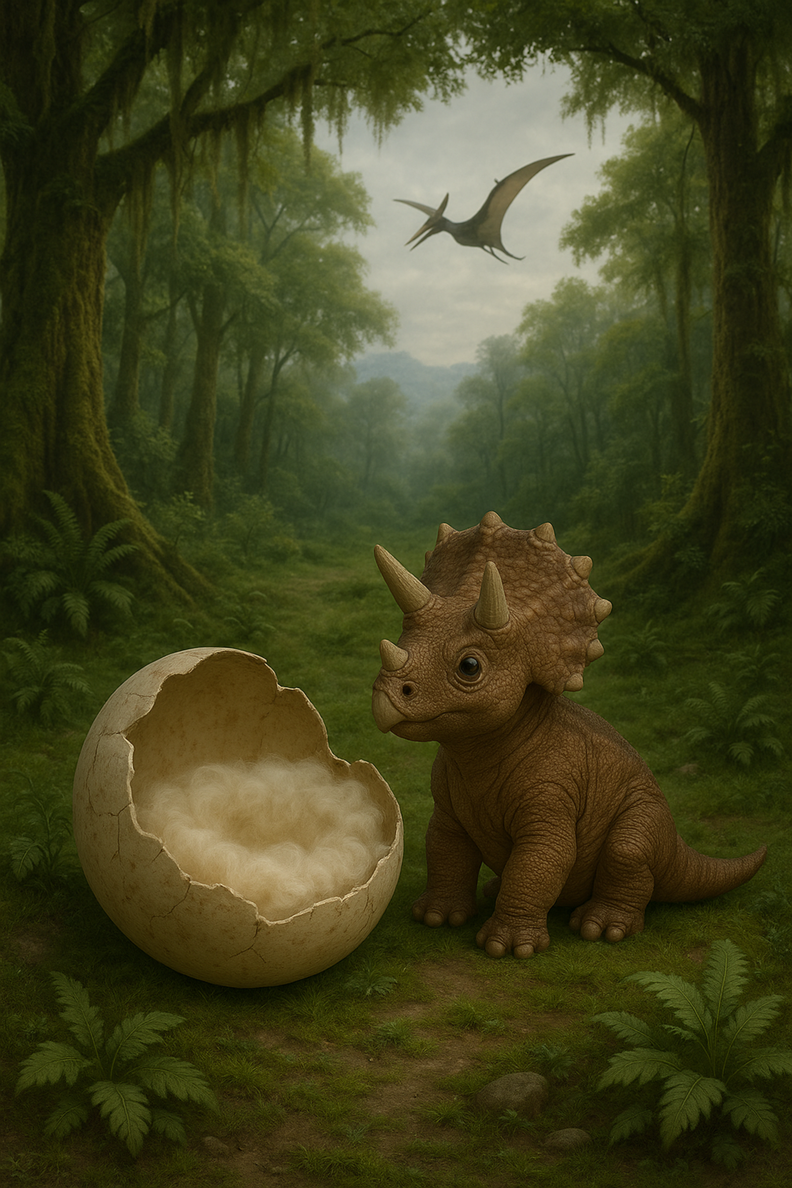 Tricératops dans la jungle préhistorique fond numérique pour photographe professionnel en séance photo naissance
