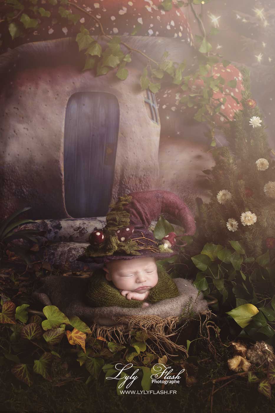 Photo naissance artistique lutin forêt féerique bébé nouveau-né séance créative
