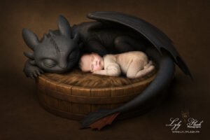 Fond photo bébé Dragon – Bébé endormi protégé par un dragon noir